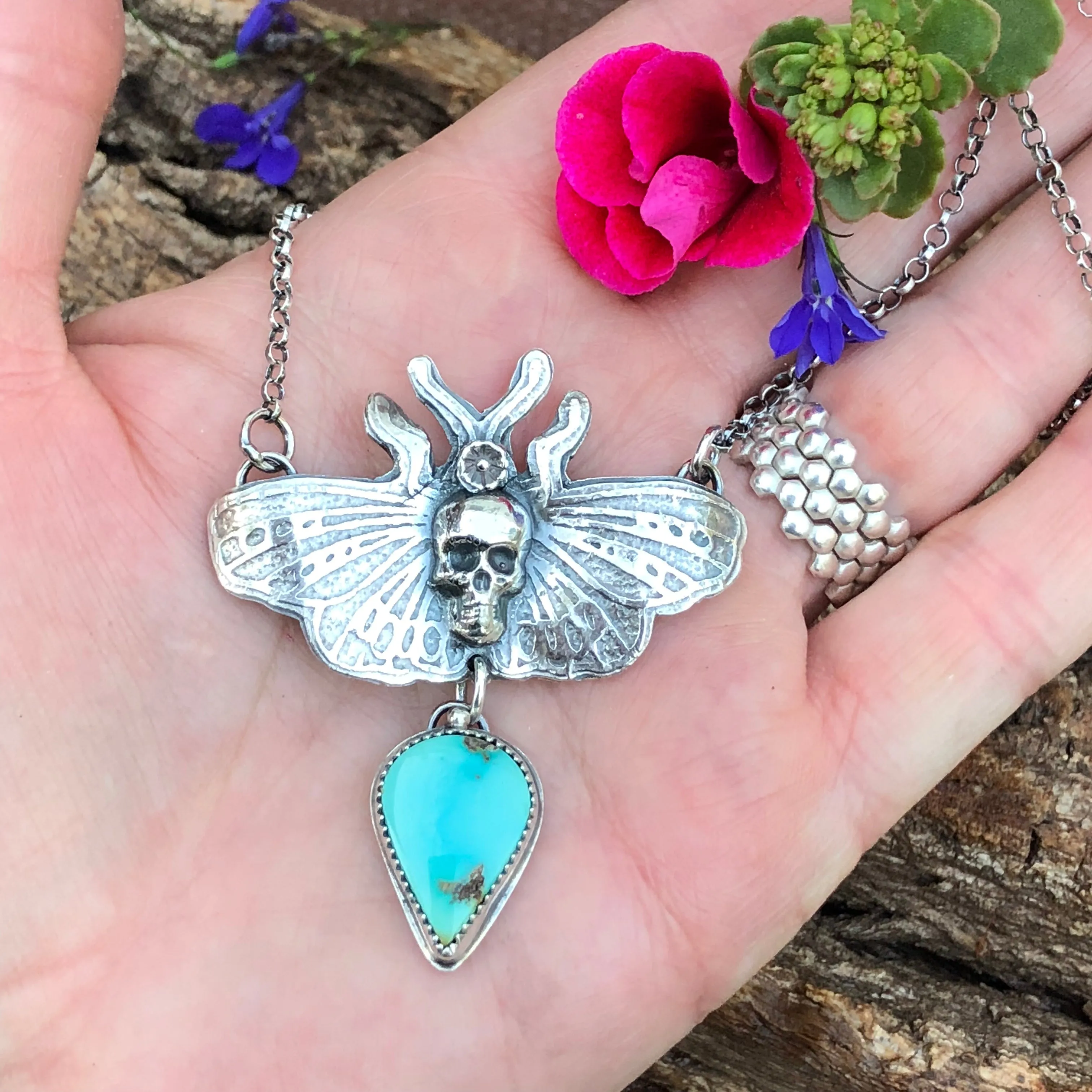 Moth and Skull Turquoise Necklace