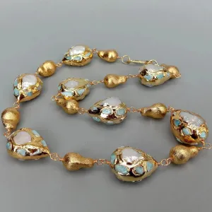 Natural Cultured White Freshwater Pearl Blue Larimar Chips Pave Teardrop Gold Brushed Necklace