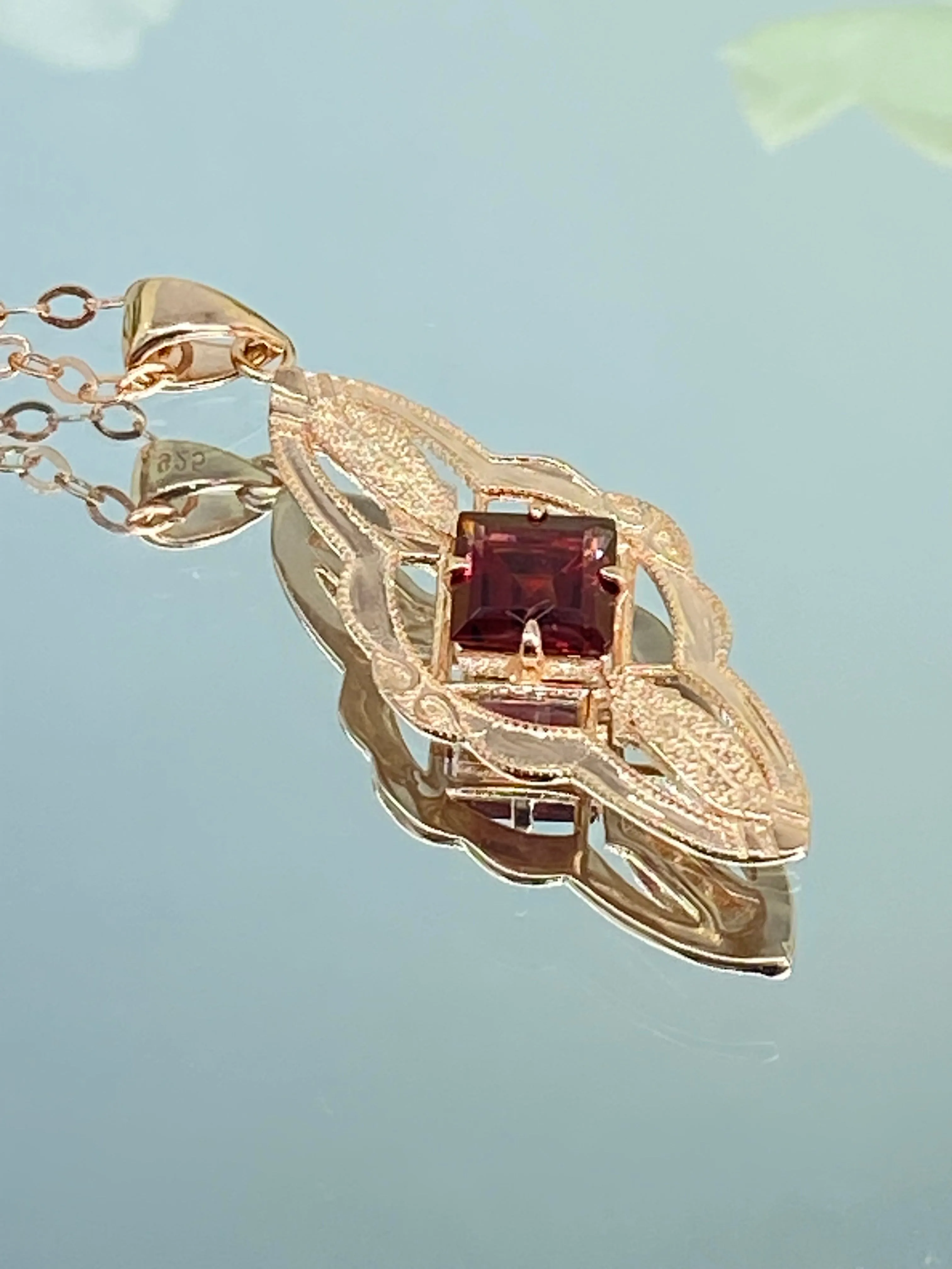 Natural Garnet Pendant, Rose Gold plated, Red Garnet Victorian Necklace #P6 - Ready to Ship