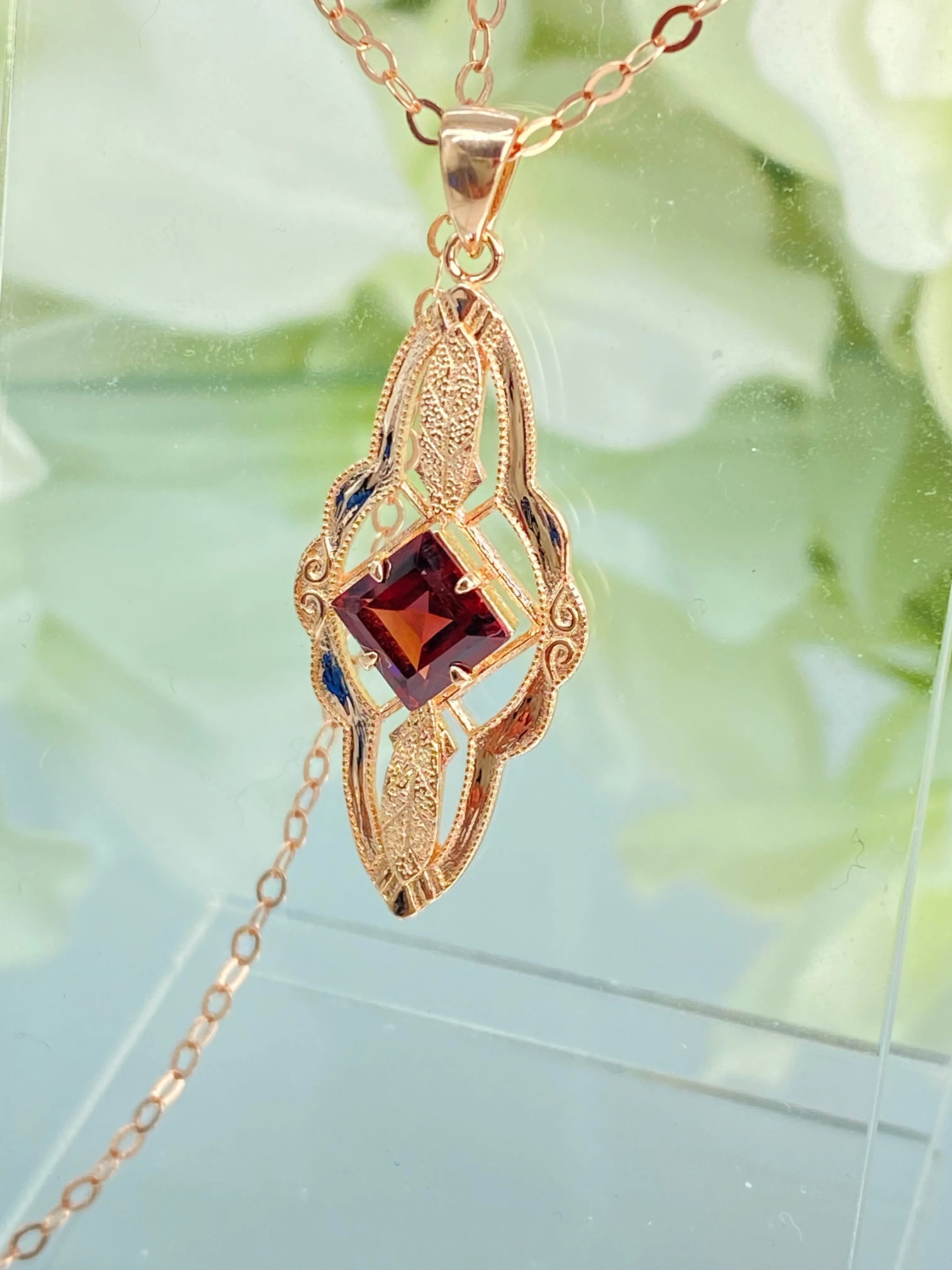 Natural Garnet Pendant, Rose Gold plated, Red Garnet Victorian Necklace #P6 - Ready to Ship