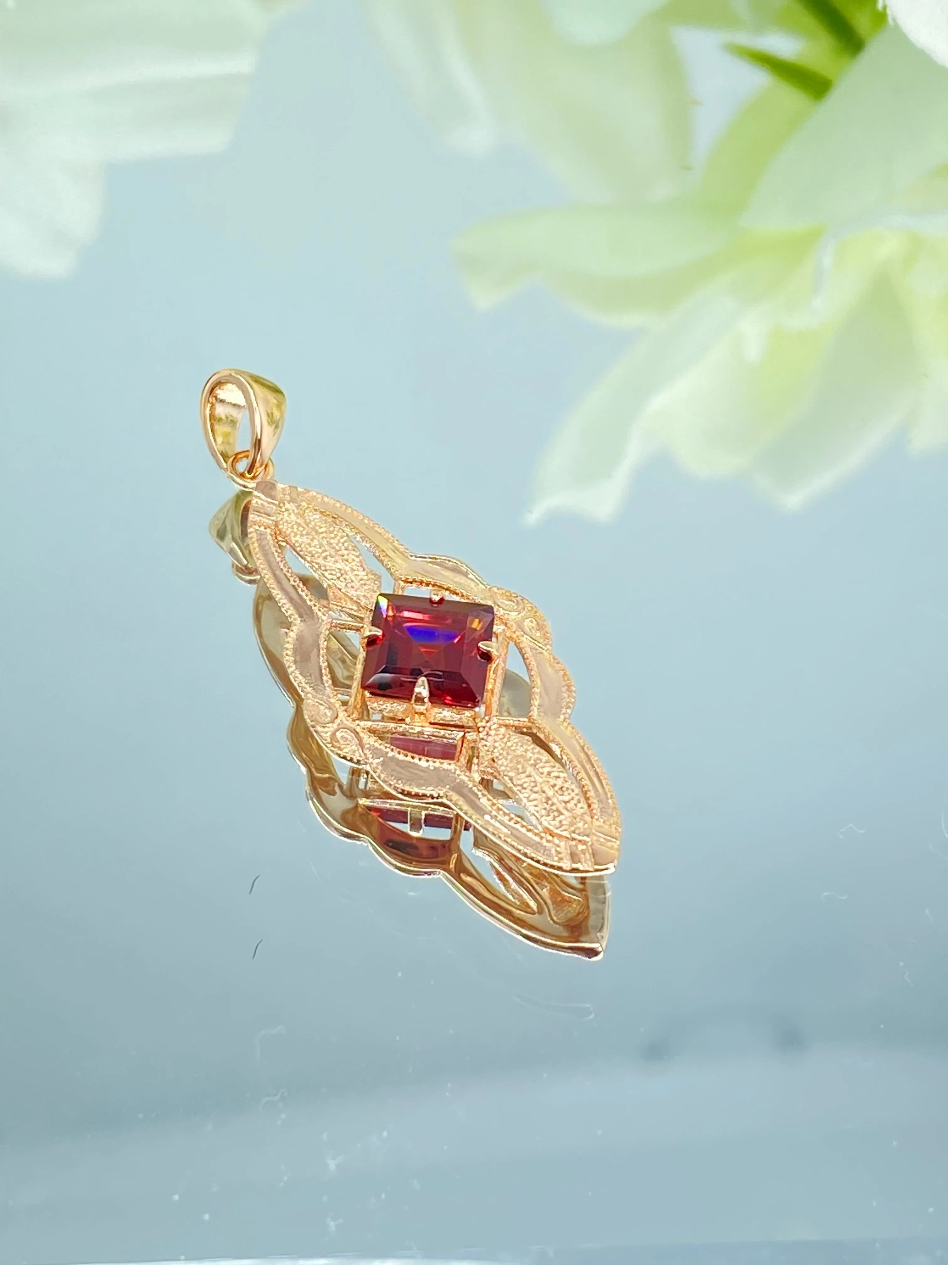 Natural Garnet Pendant, Rose Gold plated, Red Garnet Victorian Necklace #P6 - Ready to Ship