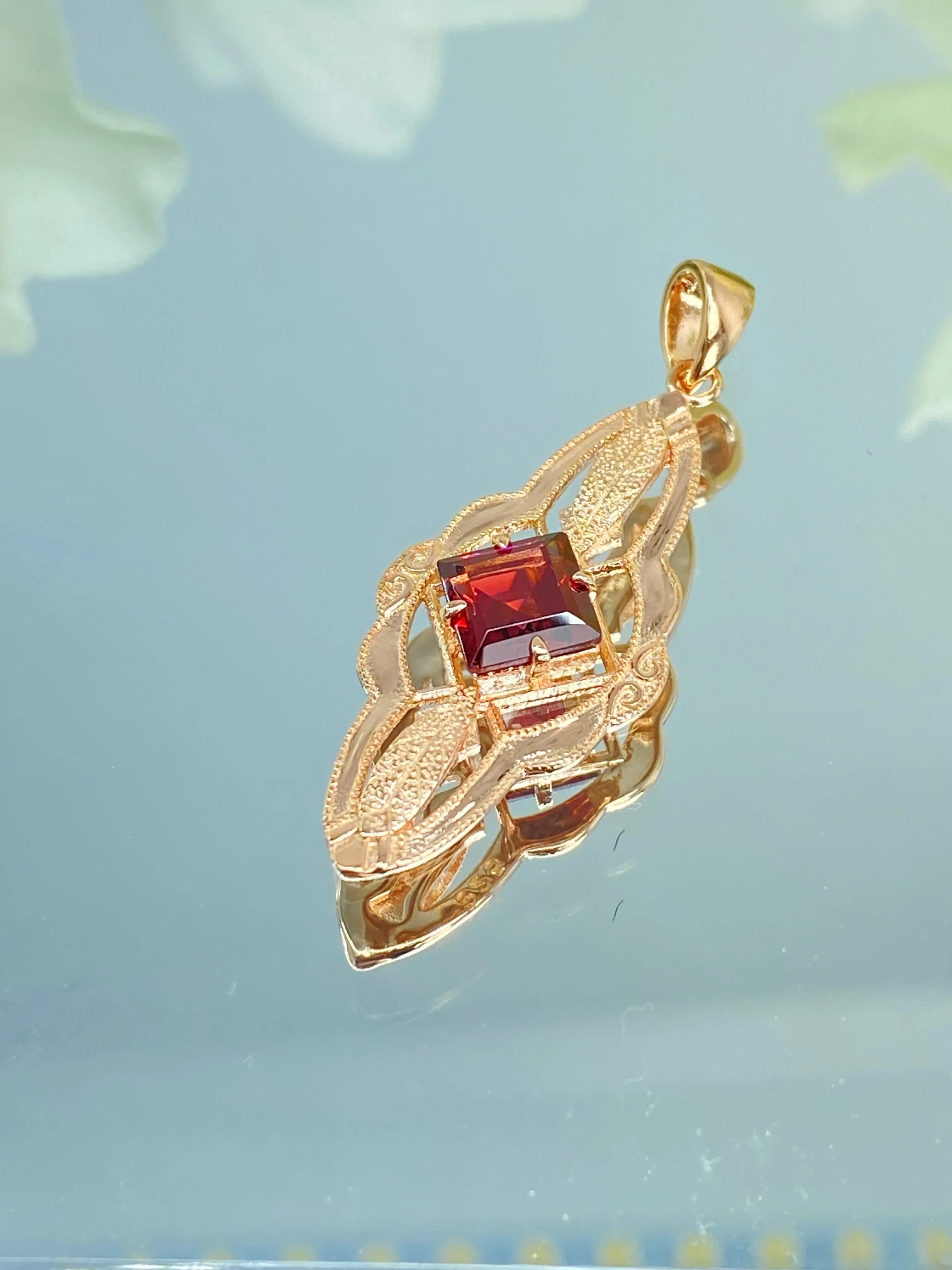 Natural Garnet Pendant, Rose Gold plated, Red Garnet Victorian Necklace #P6 - Ready to Ship