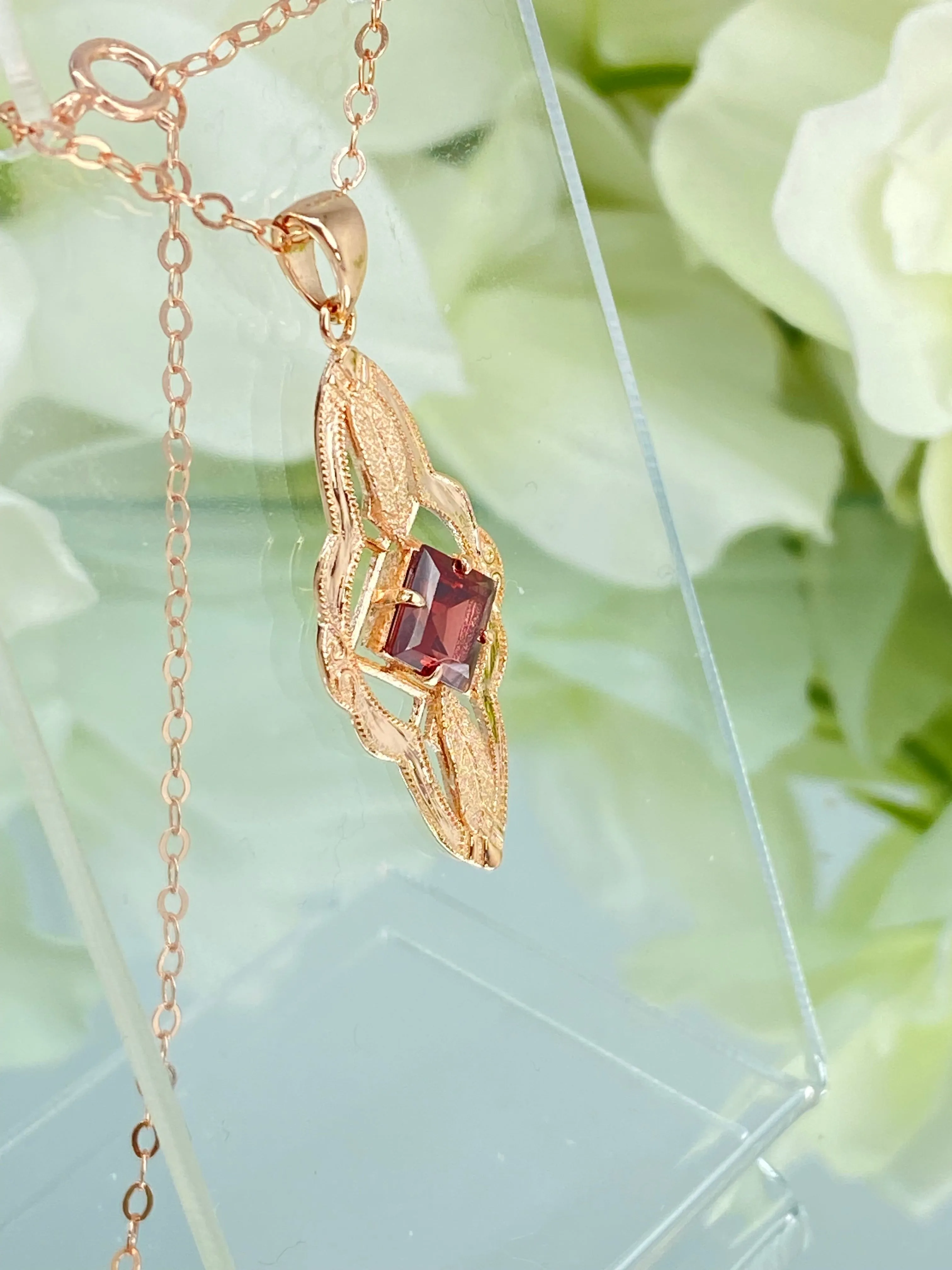 Natural Garnet Pendant, Rose Gold plated, Red Garnet Victorian Necklace #P6 - Ready to Ship