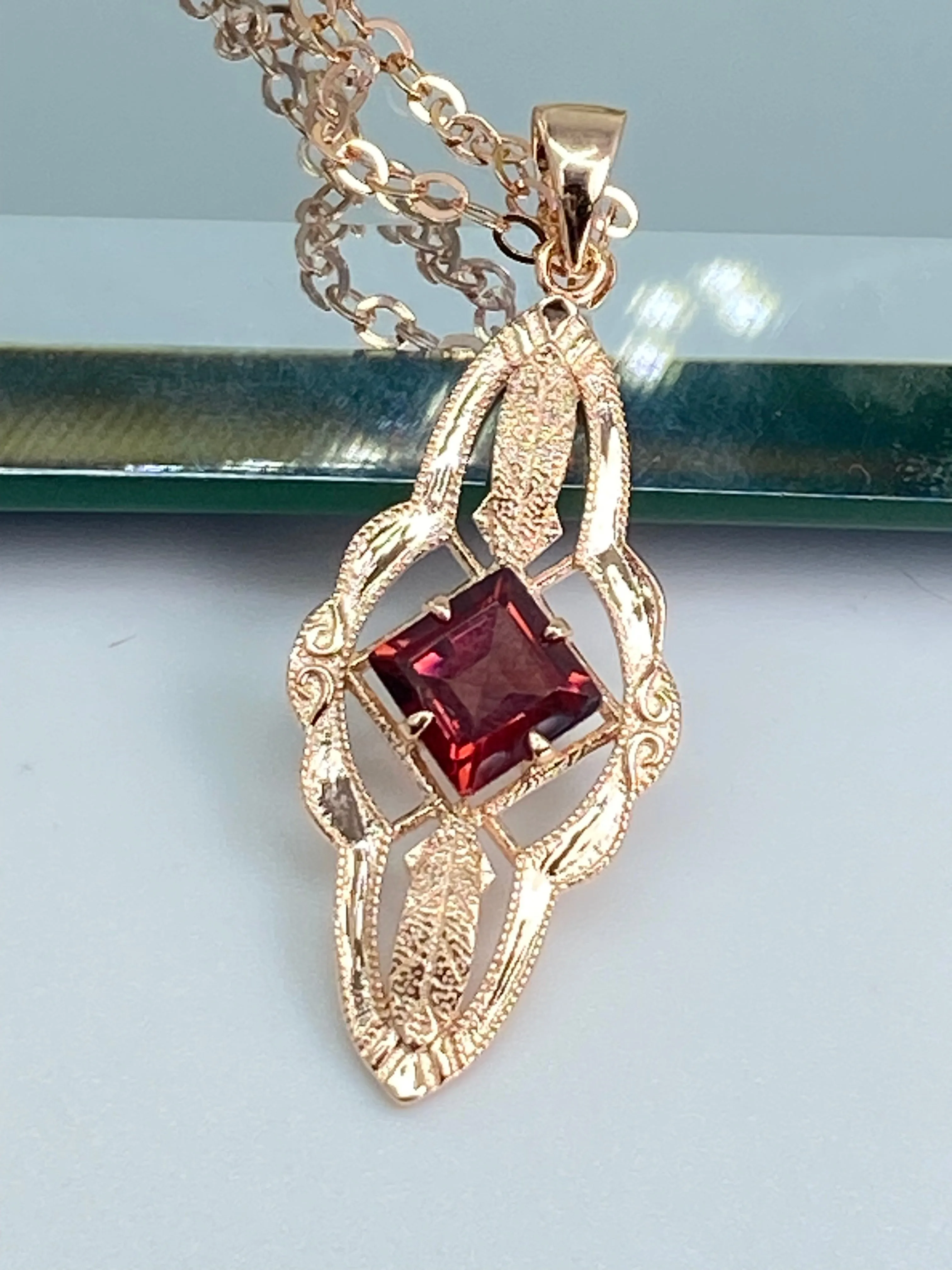 Natural Garnet Pendant, Rose Gold plated, Red Garnet Victorian Necklace #P6 - Ready to Ship