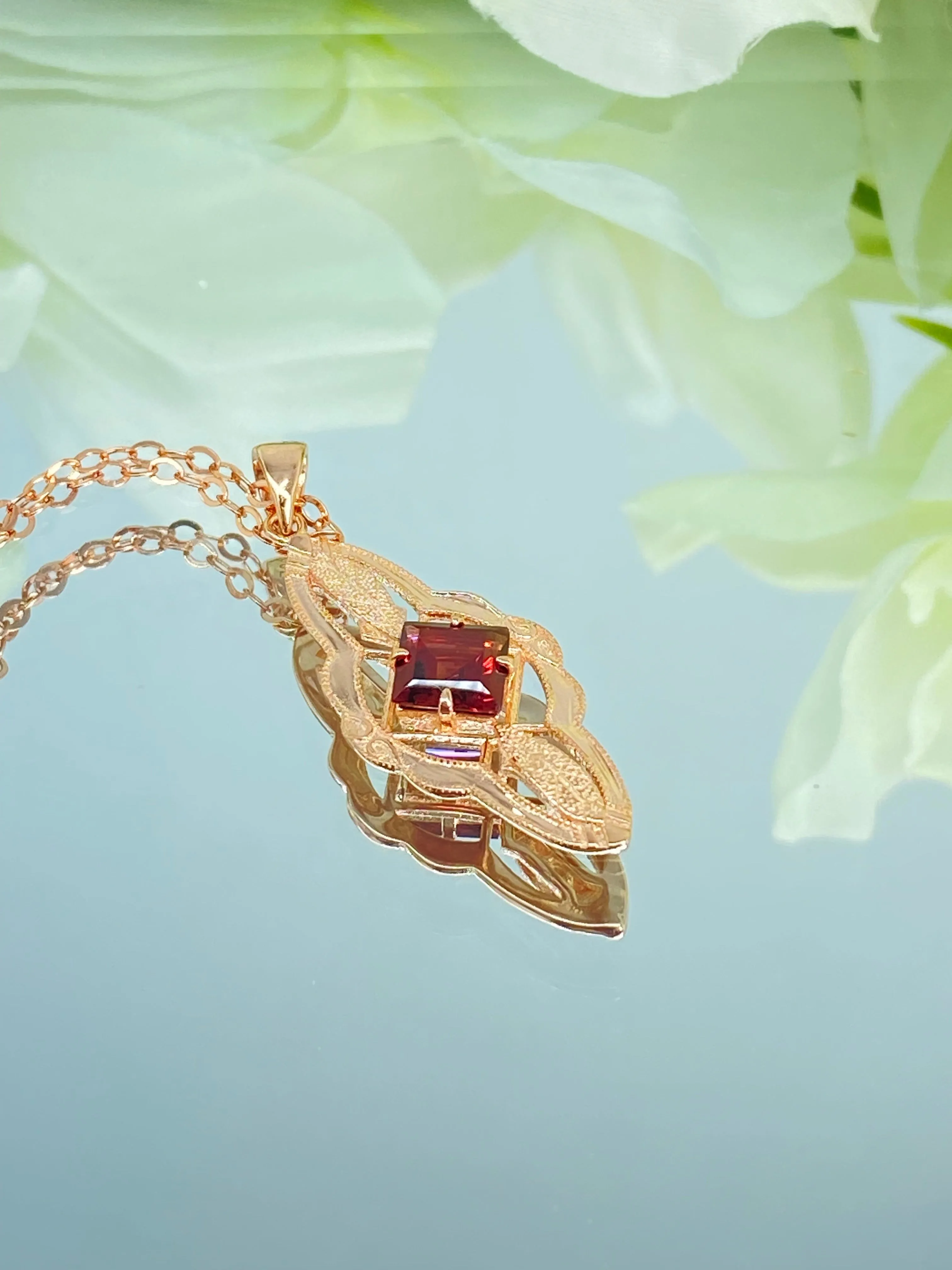 Natural Garnet Pendant, Rose Gold plated, Red Garnet Victorian Necklace #P6 - Ready to Ship