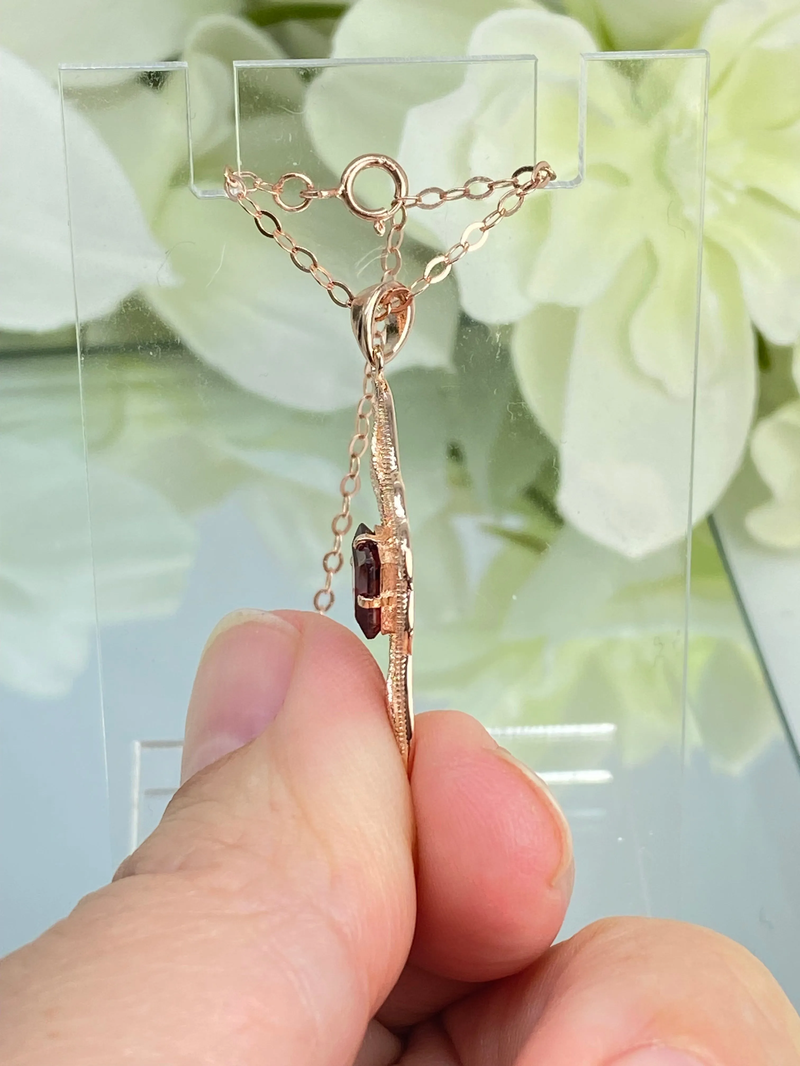 Natural Garnet Pendant, Rose Gold plated, Red Garnet Victorian Necklace #P6 - Ready to Ship