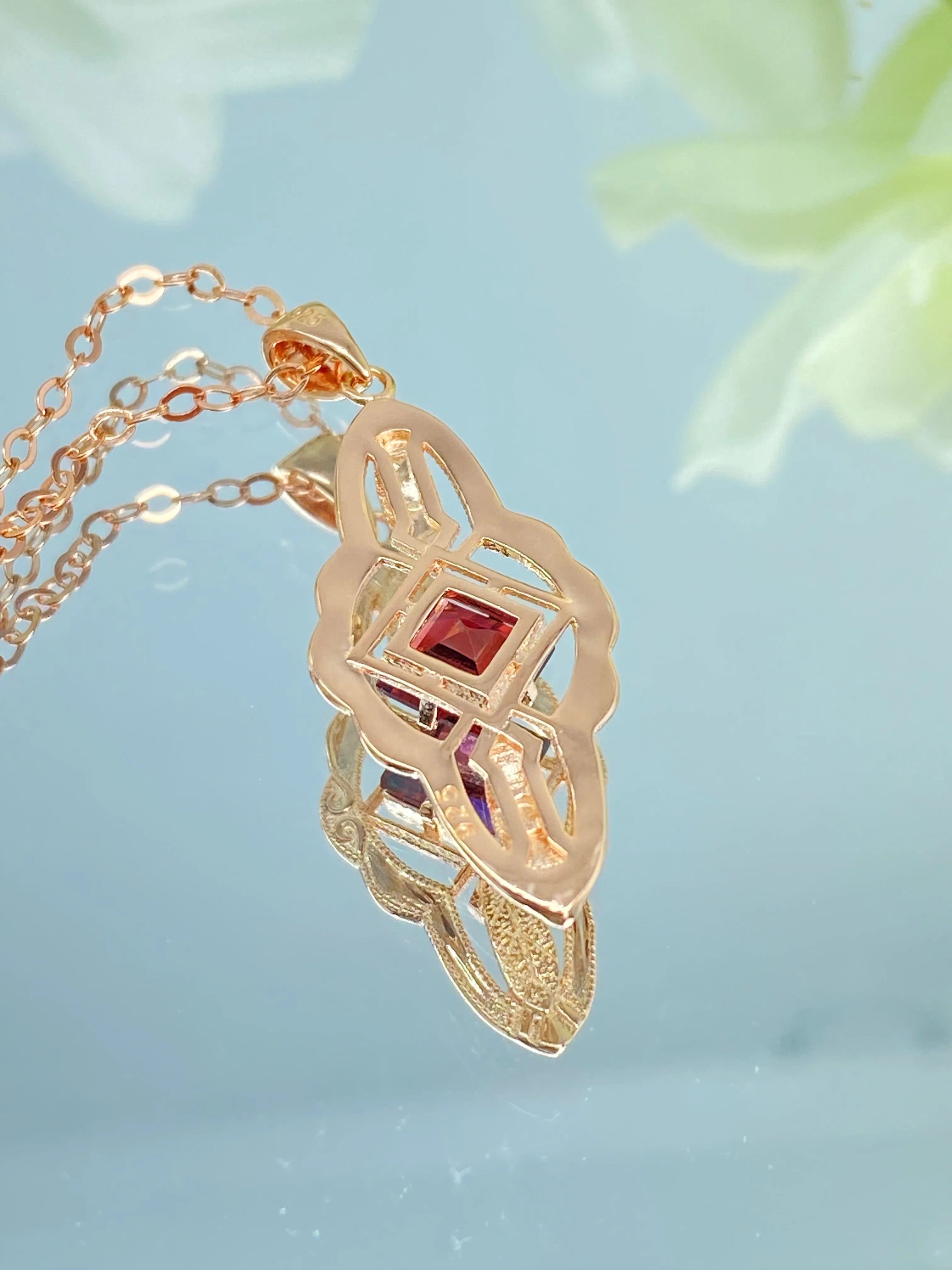 Natural Garnet Pendant, Rose Gold plated, Red Garnet Victorian Necklace #P6