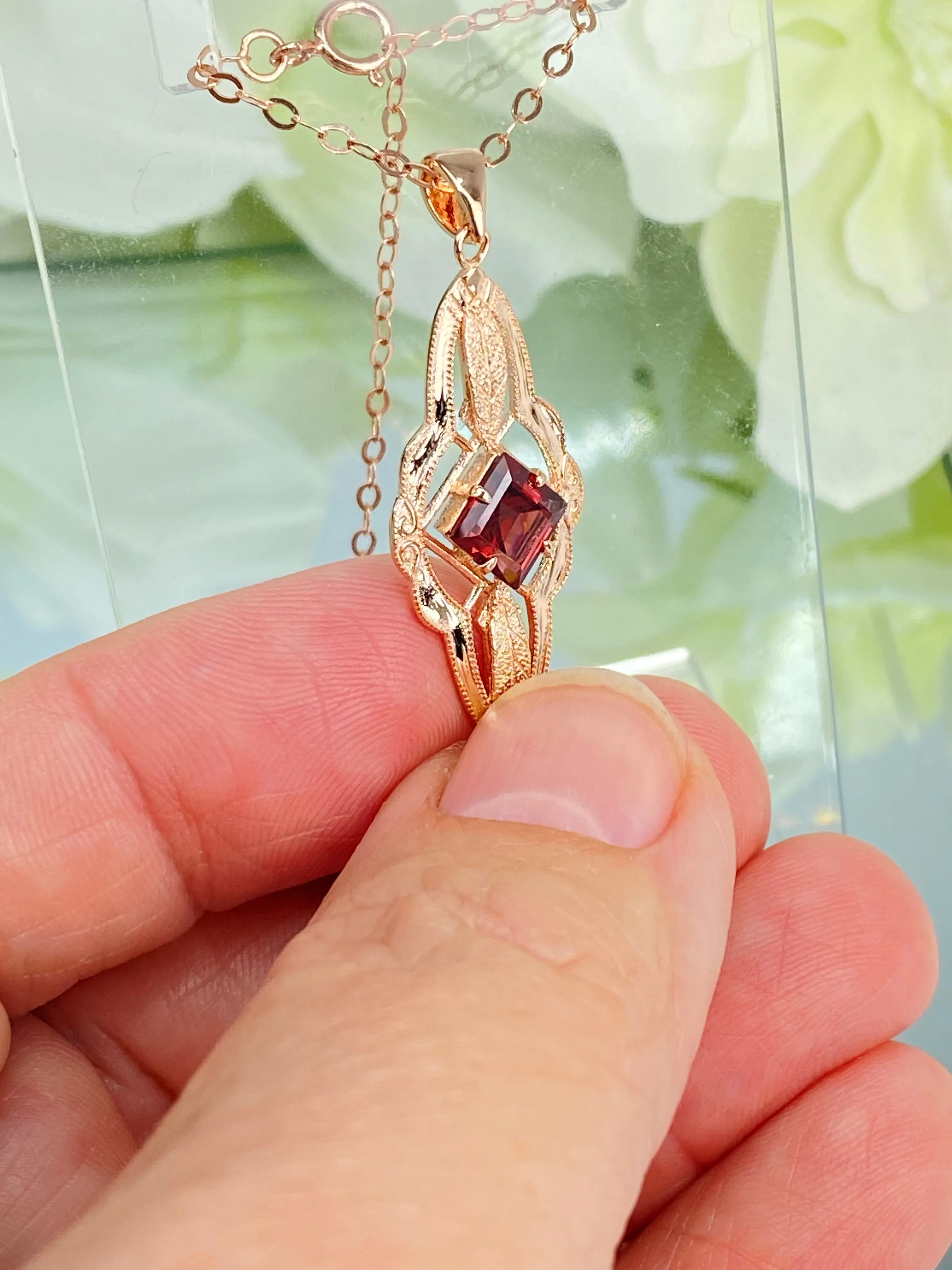 Natural Garnet Pendant, Rose Gold plated, Red Garnet Victorian Necklace #P6