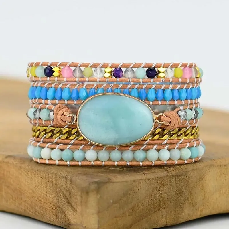 Natural Stone Leather Wrap Bracelets, Bohemian Bracelet, Crystal Wrap Bracelet