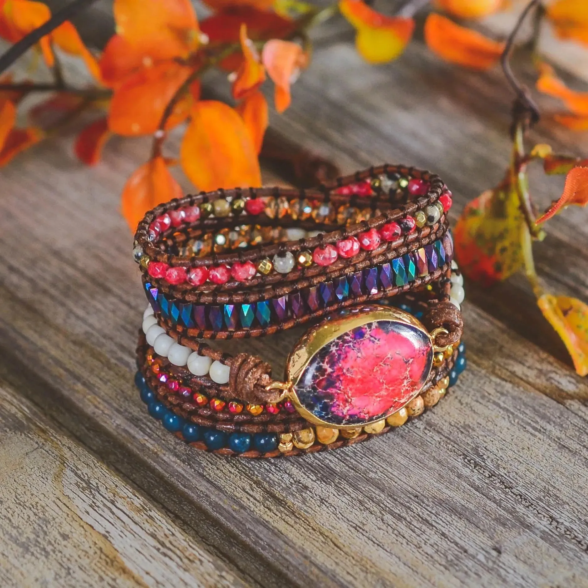 Natural Stone Leather Wrap Bracelets, Bohemian Bracelet, Crystal Wrap Bracelet