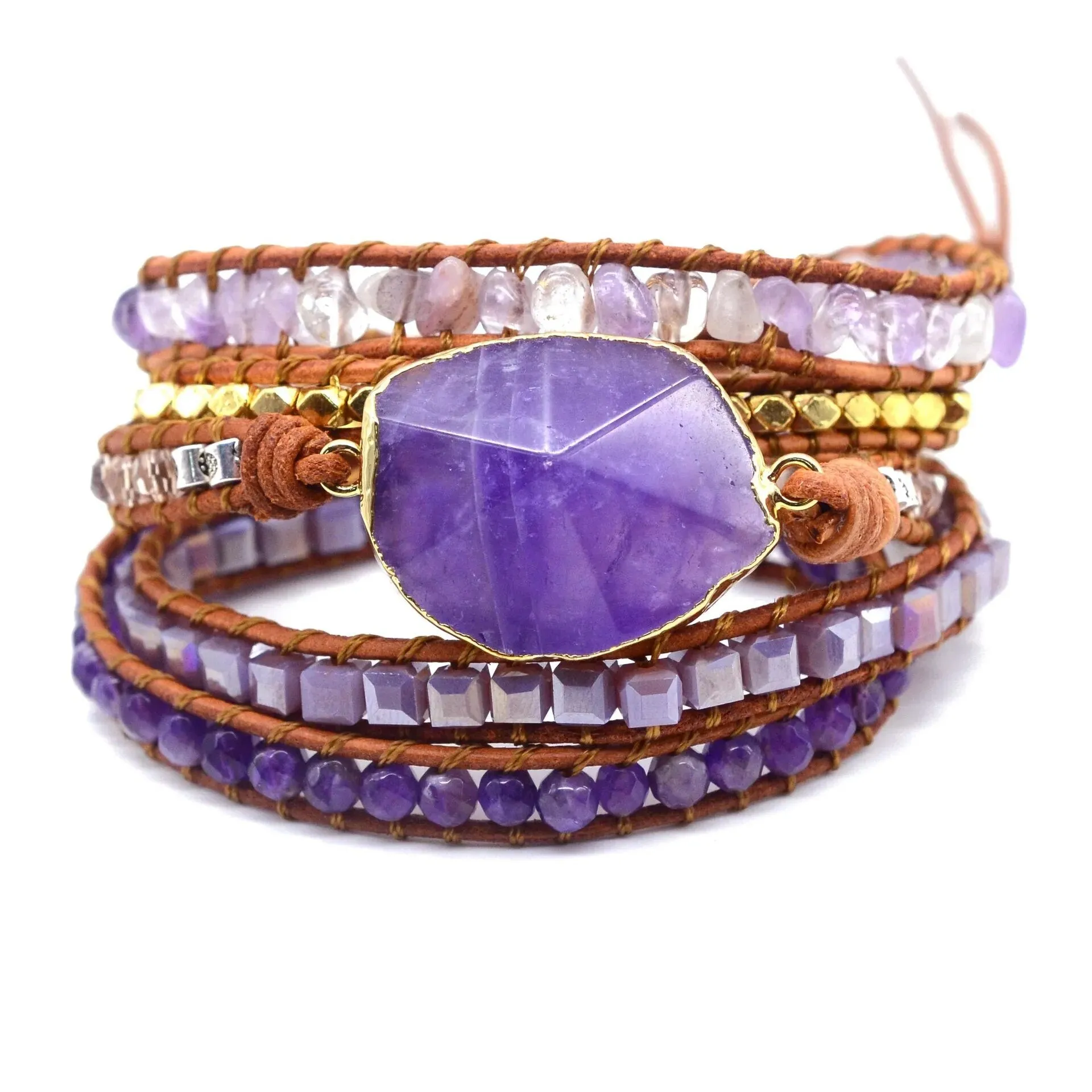Natural Stone Leather Wrap Bracelets, Bohemian Bracelet, Crystal Wrap Bracelet