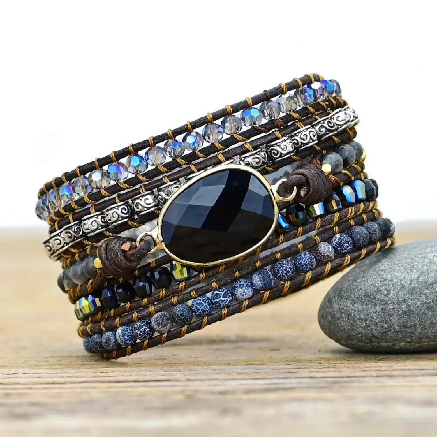 Natural Stone Leather Wrap Bracelets, Bohemian Bracelet, Crystal Wrap Bracelet