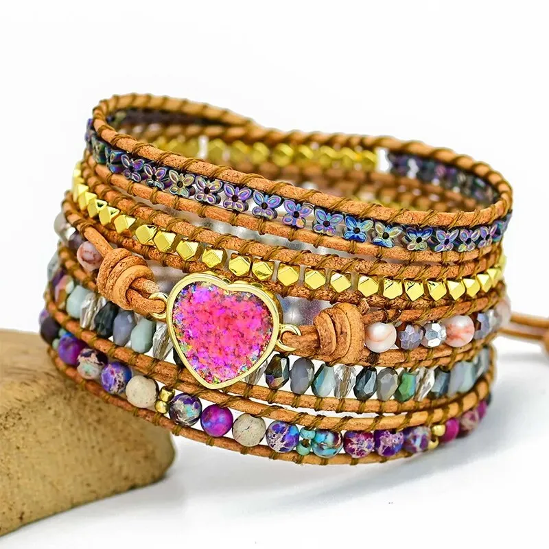 Natural Stone Leather Wrap Bracelets, Bohemian Bracelet, Crystal Wrap Bracelet
