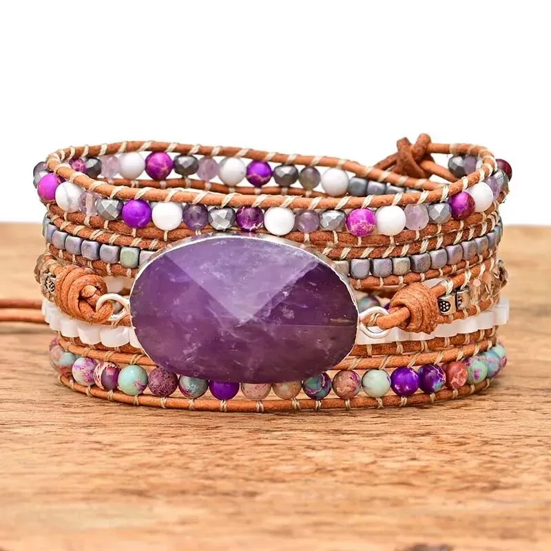 Natural Stone Leather Wrap Bracelets, Bohemian Bracelet, Crystal Wrap Bracelet