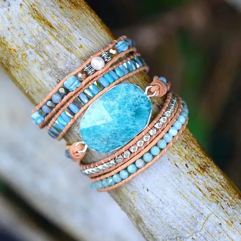 Natural Stone Leather Wrap Bracelets, Bohemian Bracelet, Crystal Wrap Bracelet