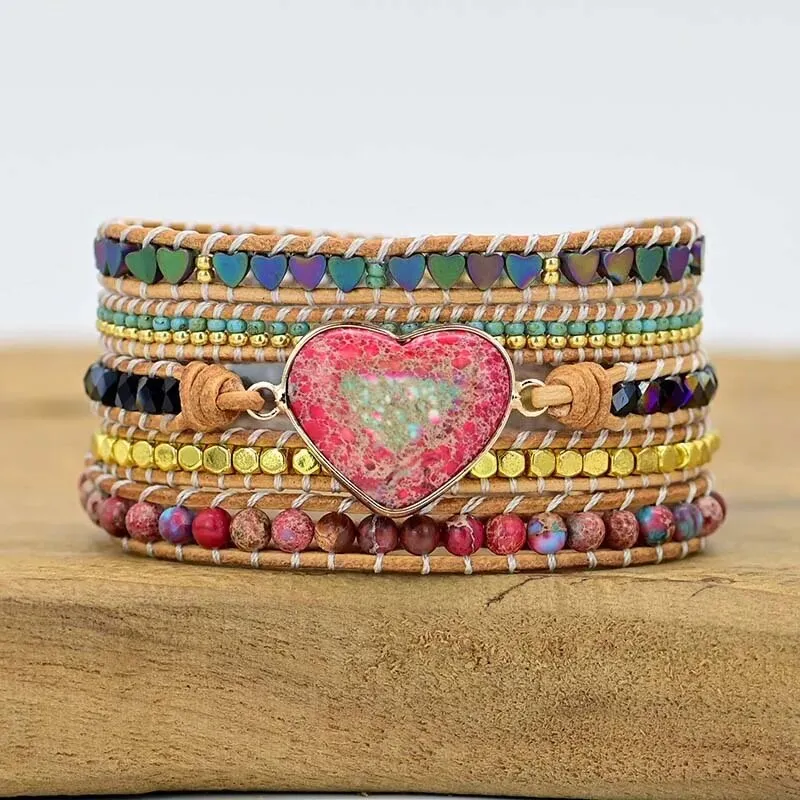 Natural Stone Leather Wrap Bracelets, Bohemian Bracelet, Crystal Wrap Bracelet