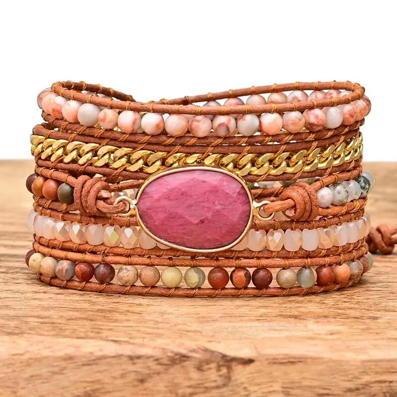 Natural Stone Leather Wrap Bracelets, Bohemian Bracelet, Crystal Wrap Bracelet