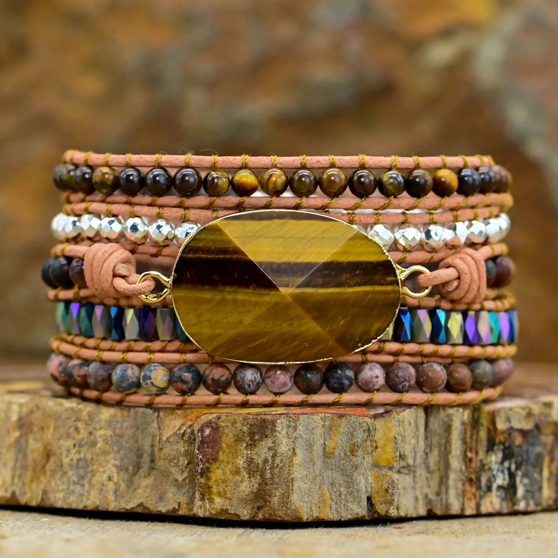 Natural Stone Leather Wrap Bracelets, Bohemian Bracelet, Crystal Wrap Bracelet