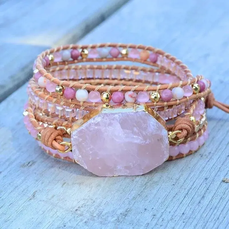 Natural Stone Leather Wrap Bracelets, Bohemian Bracelet, Crystal Wrap Bracelet
