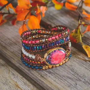 Natural Stone Leather Wrap Bracelets, Bohemian Bracelet, Crystal Wrap Bracelet