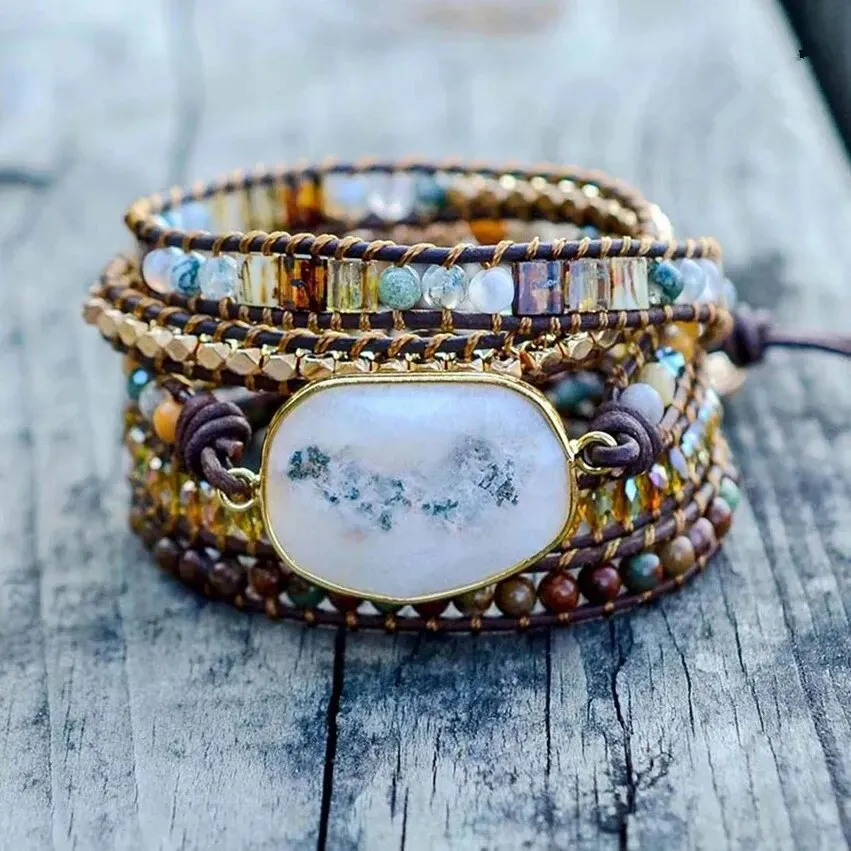 Natural Stone Leather Wrap Bracelets, Bohemian Bracelet, Crystal Wrap Bracelet