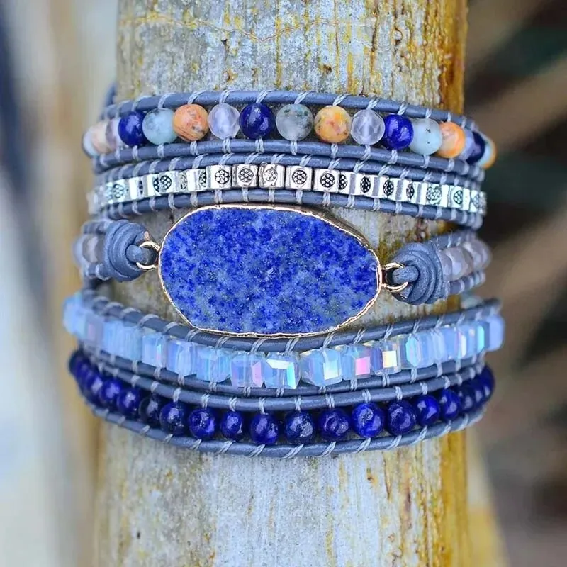 Natural Stone Leather Wrap Bracelets, Bohemian Bracelet, Crystal Wrap Bracelet