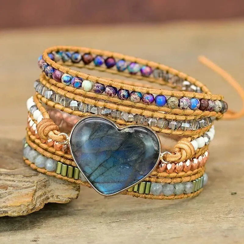 Natural Stone Leather Wrap Bracelets, Bohemian Bracelet, Crystal Wrap Bracelet