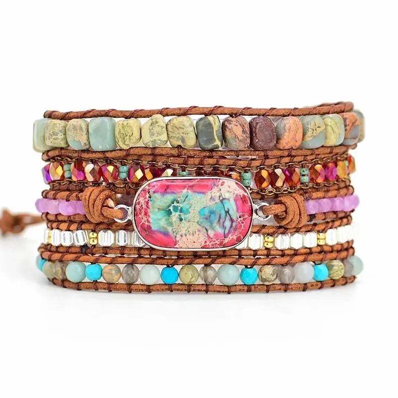 Natural Stone Leather Wrap Bracelets, Bohemian Bracelet, Crystal Wrap Bracelet