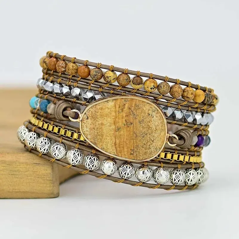 Natural Stone Leather Wrap Bracelets, Bohemian Bracelet, Crystal Wrap Bracelet