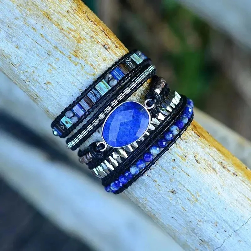 Natural Stone Leather Wrap Bracelets, Bohemian Bracelet, Crystal Wrap Bracelet