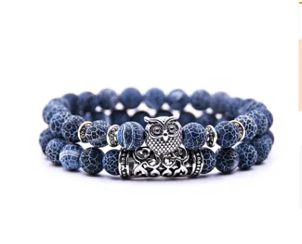 Natural Stone Owl Agate Bracelet Double Strip Elastic Rope Beaded Bracelet