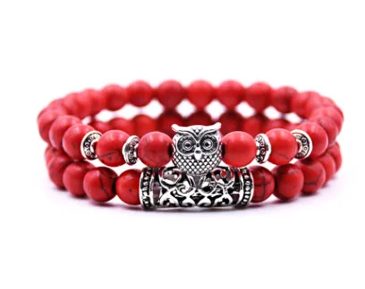 Natural Stone Owl Agate Bracelet Double Strip Elastic Rope Beaded Bracelet