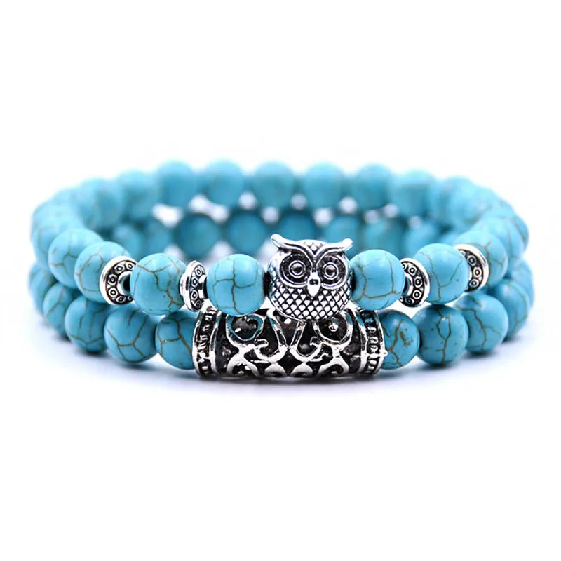 Natural Stone Owl Agate Bracelet Double Strip Elastic Rope Beaded Bracelet
