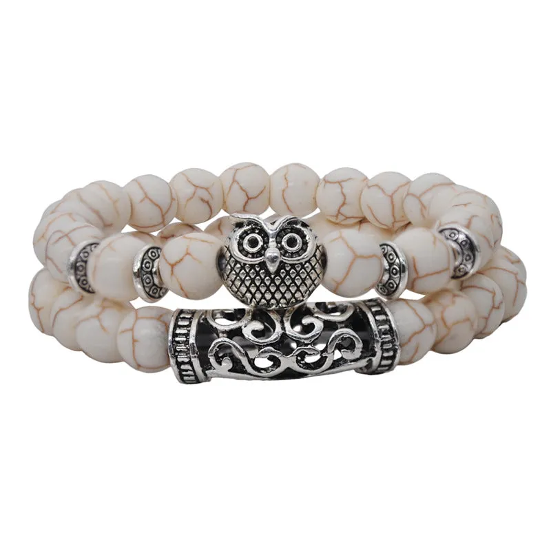 Natural Stone Owl Agate Bracelet Double Strip Elastic Rope Beaded Bracelet
