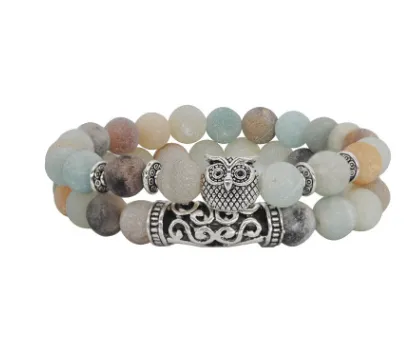 Natural Stone Owl Agate Bracelet Double Strip Elastic Rope Beaded Bracelet