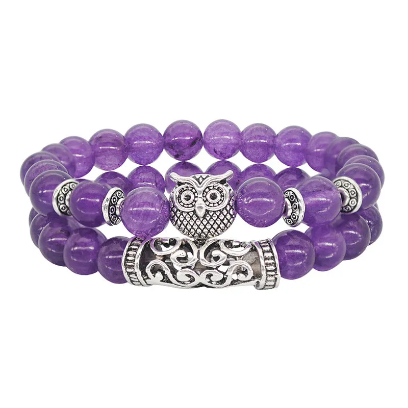 Natural Stone Owl Agate Bracelet Double Strip Elastic Rope Beaded Bracelet