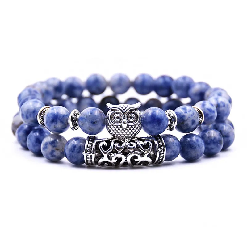 Natural Stone Owl Agate Bracelet Double Strip Elastic Rope Beaded Bracelet