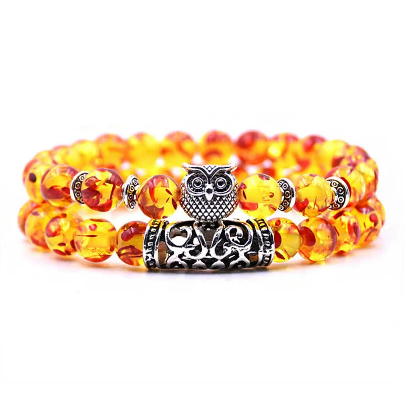 Natural Stone Owl Agate Bracelet Double Strip Elastic Rope Beaded Bracelet