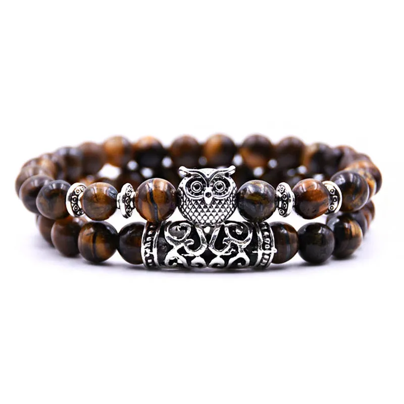 Natural Stone Owl Agate Bracelet Double Strip Elastic Rope Beaded Bracelet