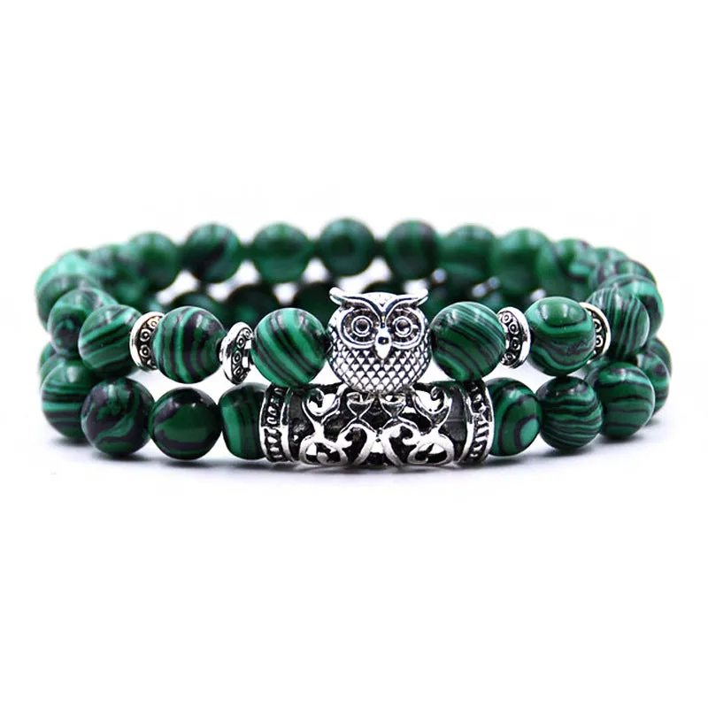 Natural Stone Owl Agate Bracelet Double Strip Elastic Rope Beaded Bracelet