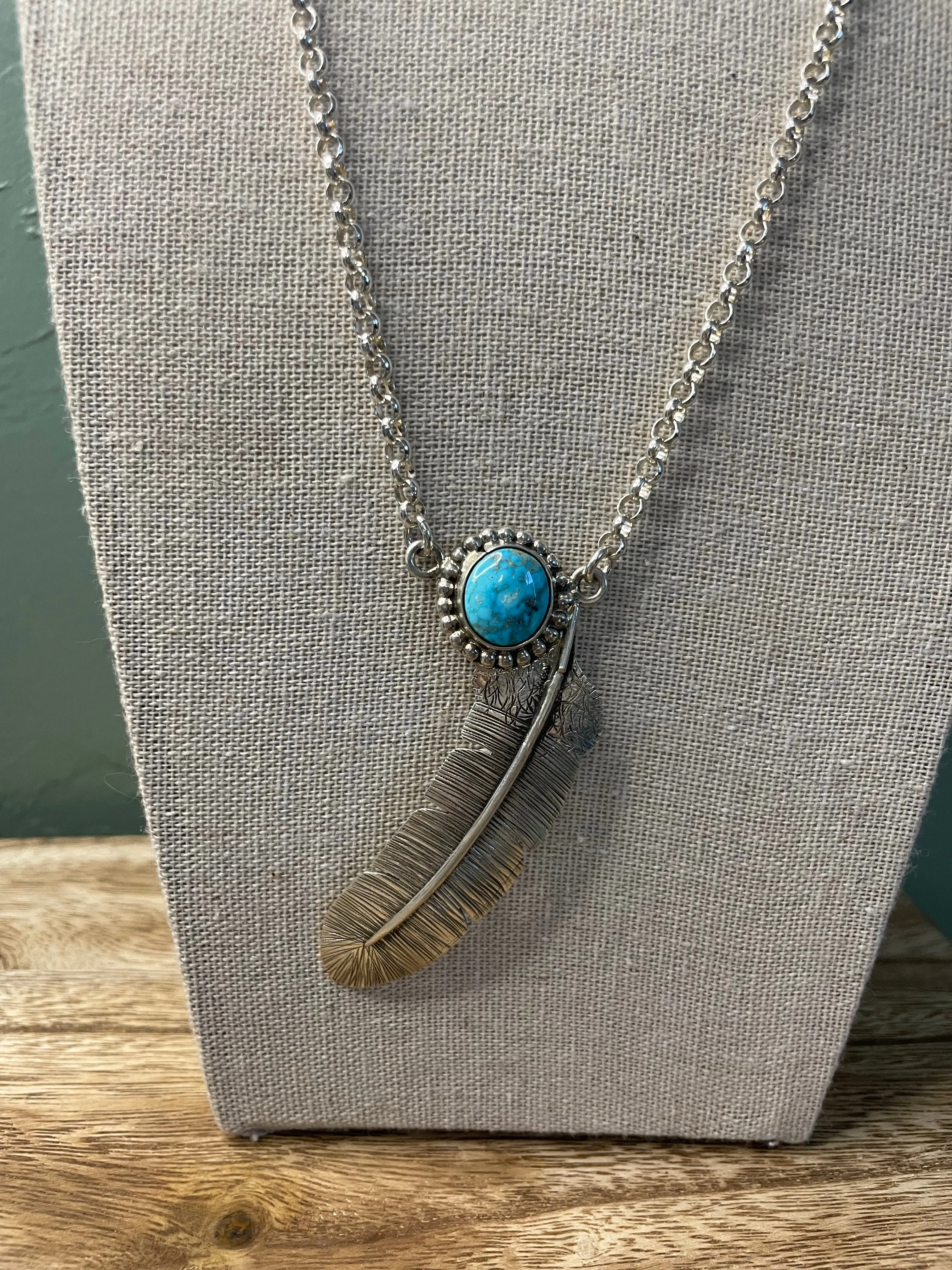 Navajo Sterling Silver And Turquoise Feather Necklace Signed And Stamped