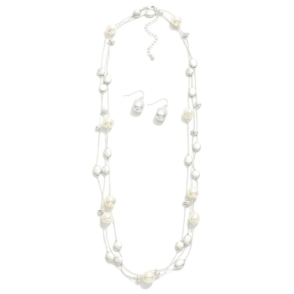 Necklace And Earring Set Set With Long Pearl and Metal Bead Stations