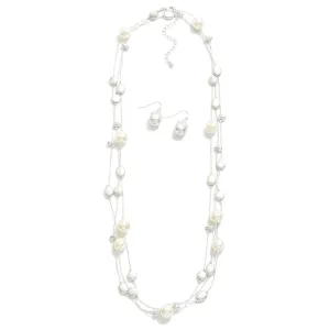 Necklace And Earring Set Set With Long Pearl and Metal Bead Stations