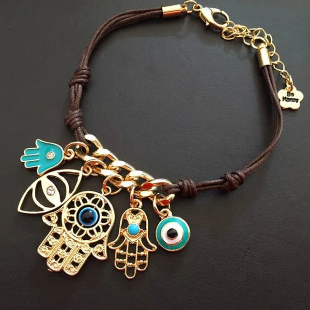 New Arrival Brown Rope Blue Evil Eye Palm Charm Bracelets