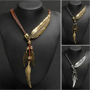 New Bohemian Style Rope Chain Leaf Feather Pattern Pendant For Women Fine Jewelry Statement Necklace