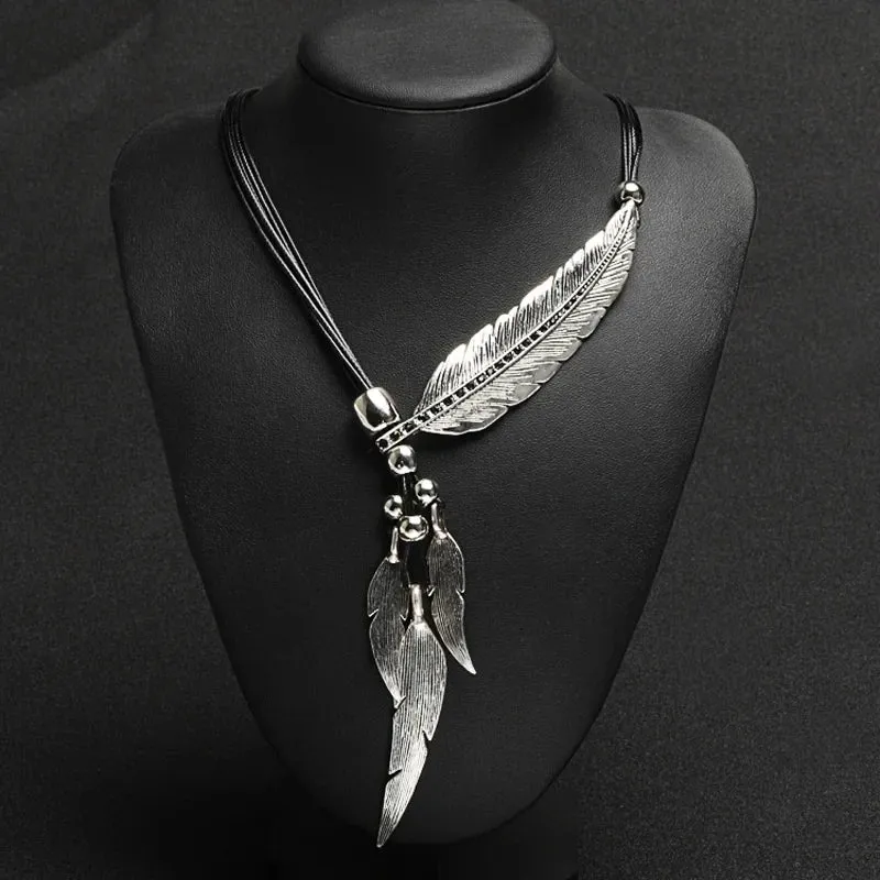 New Bohemian Style Rope Chain Leaf Feather Pattern Pendant For Women Fine Jewelry Statement Necklace