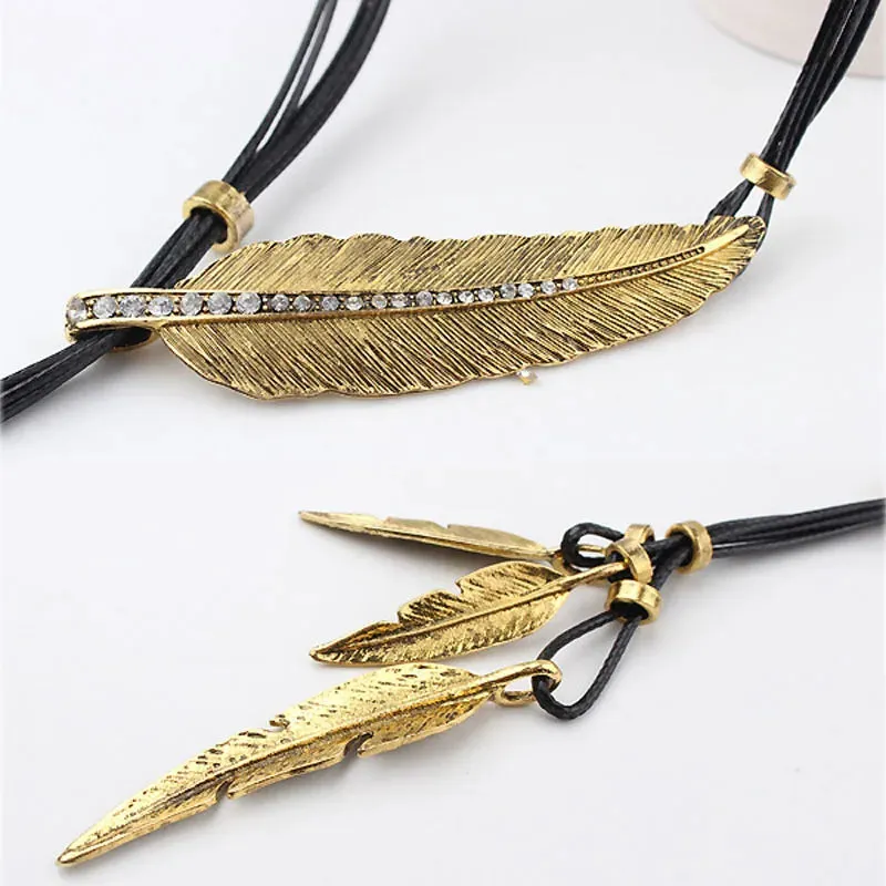 New Bohemian Style Rope Chain Leaf Feather Pattern Pendant For Women Fine Jewelry Statement Necklace