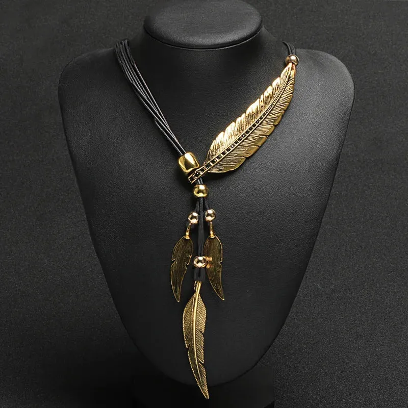 New Bohemian Style Rope Chain Leaf Feather Pattern Pendant For Women Fine Jewelry Statement Necklace