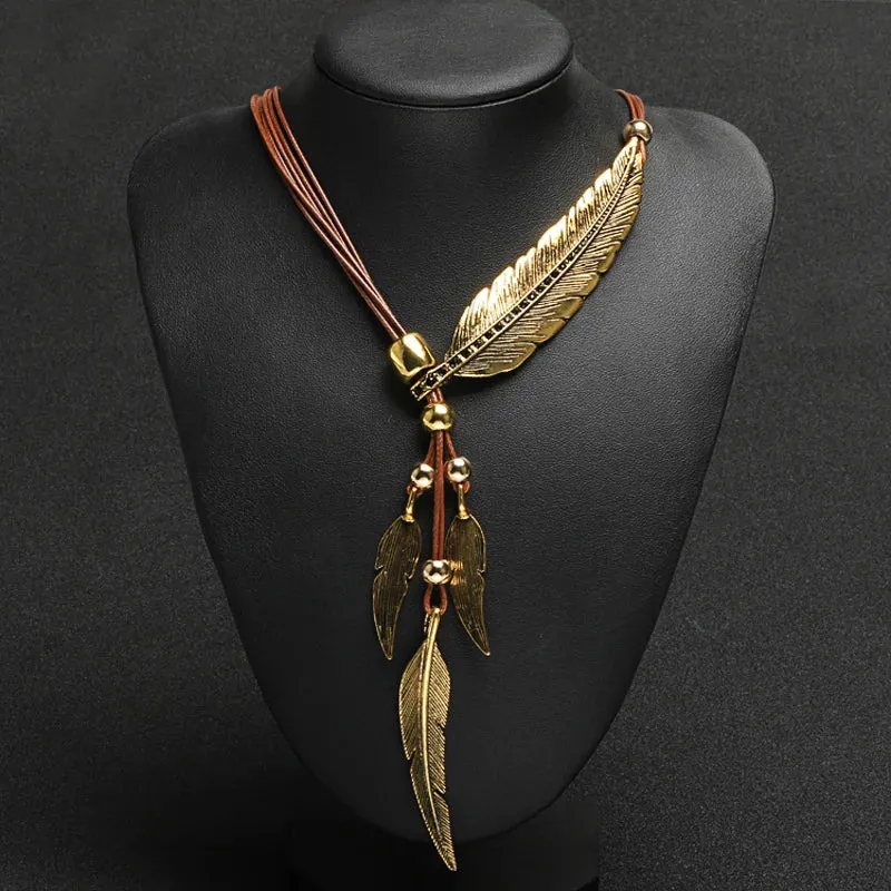 New Bohemian Style Rope Chain Leaf Feather Pattern Pendant For Women Fine Jewelry Statement Necklace
