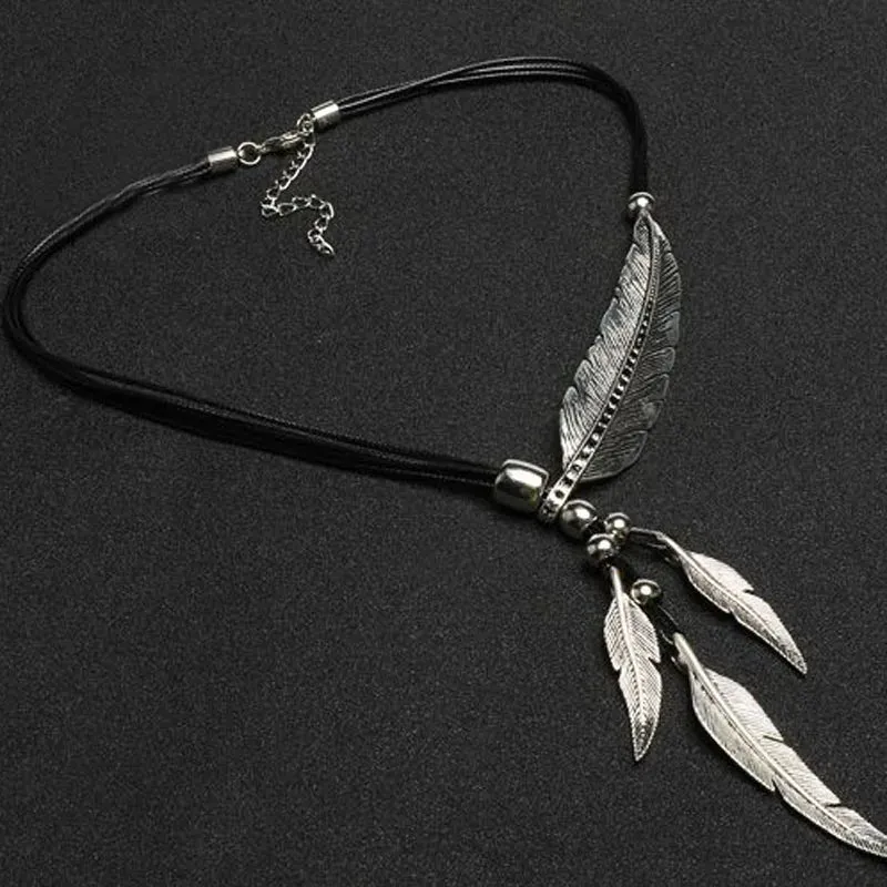 New Bohemian Style Rope Chain Leaf Feather Pattern Pendant For Women Fine Jewelry Statement Necklace